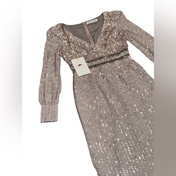 🆕 NWT MAC DUGGAL lilac SEQUINED V NECK BISHOP long SLEEVE mini DRESS 93593 sz 4 - Picture 4 of 11